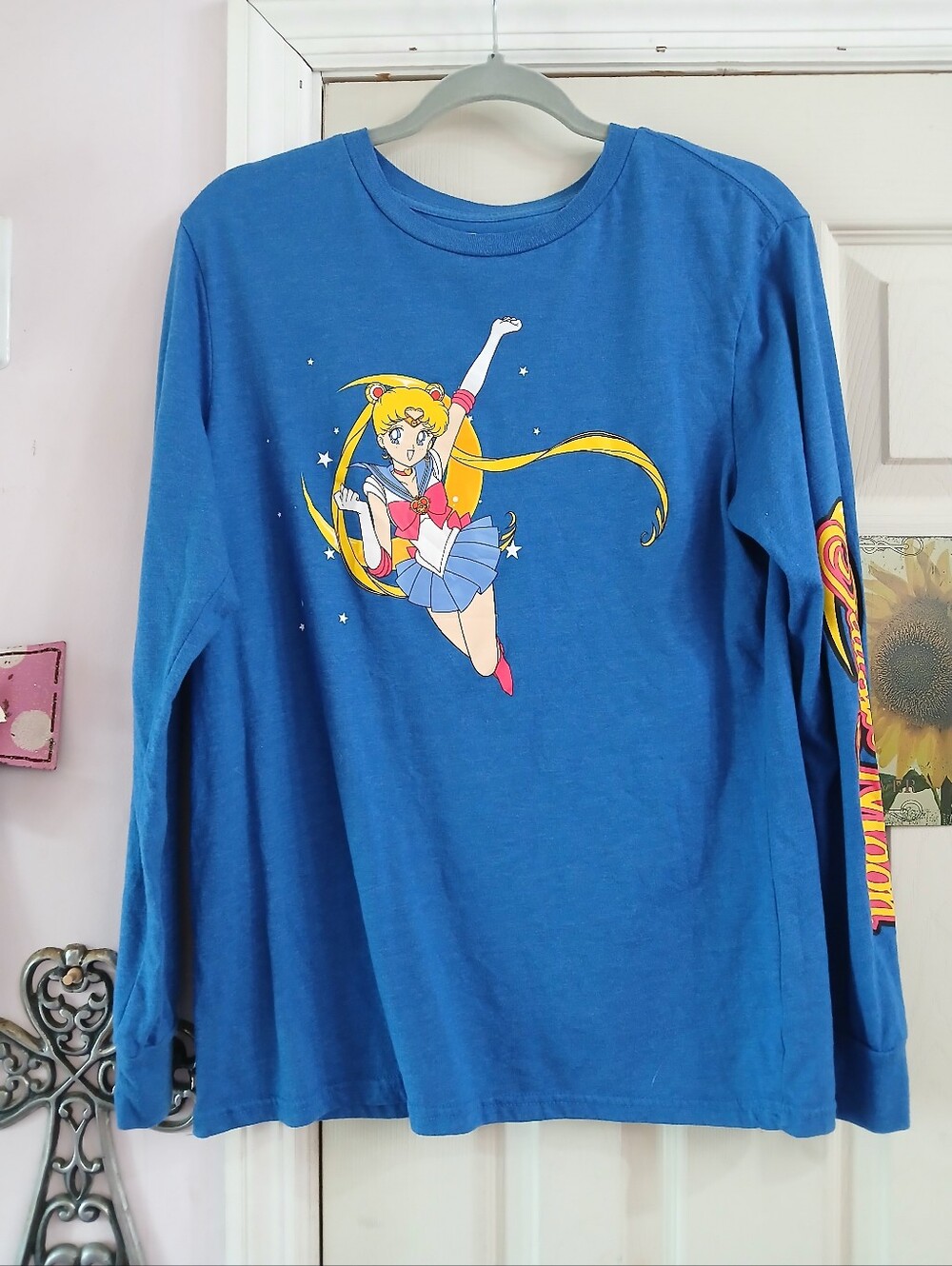 Sailor Moon T Shirt Graphic Long Sleeve Cotton Blue Shirt Medium Unisex Retro